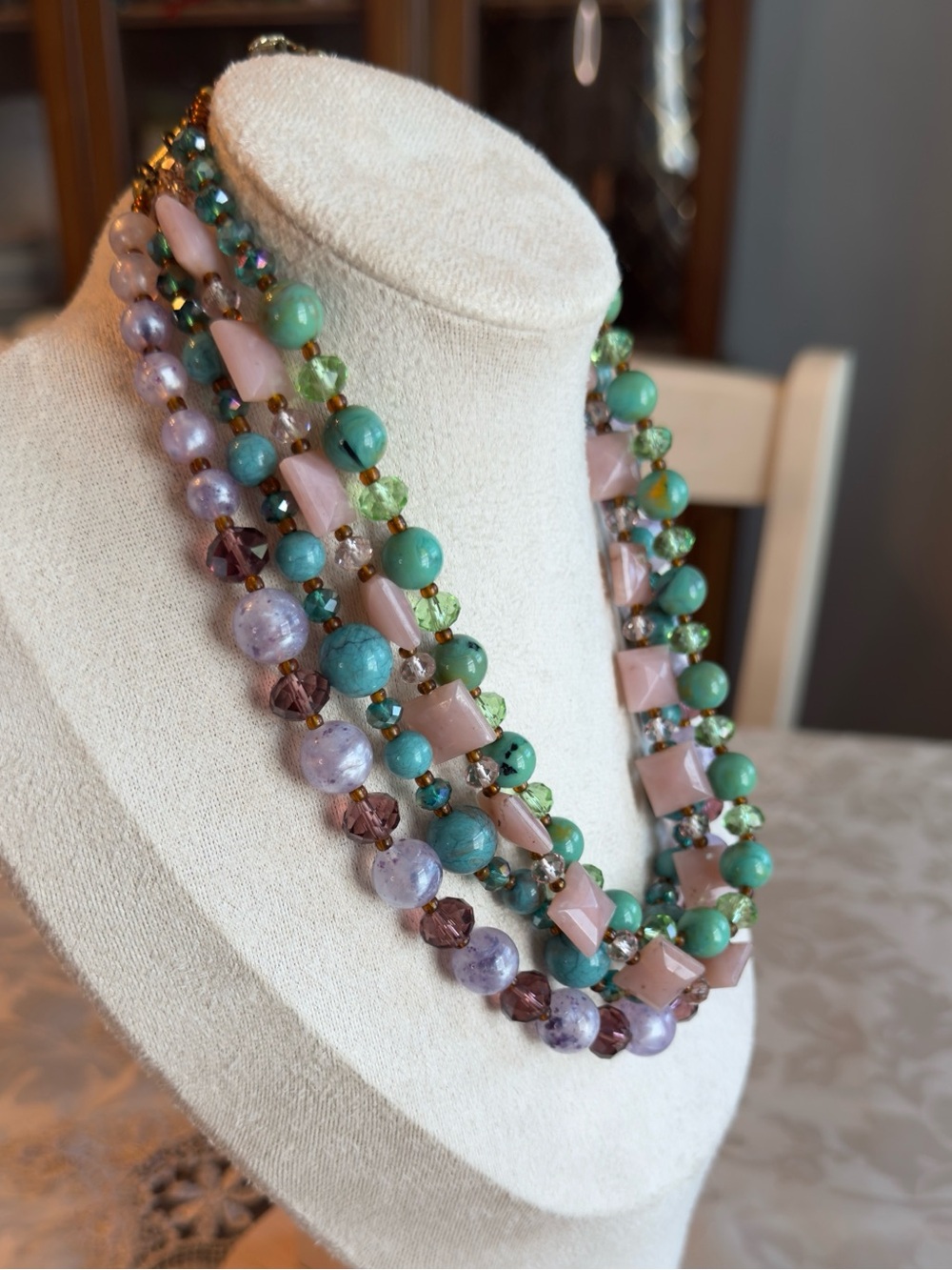 Pastel Multi-Strand Beaded Necklace in Pink, Green & Lavender - Picture 3 of 7